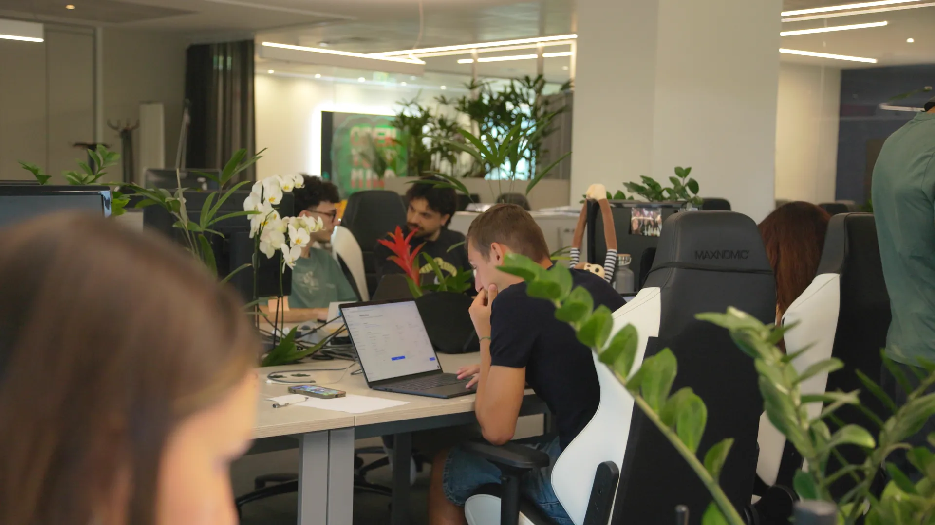 Colleagues working at shared desks surrounded by greenery